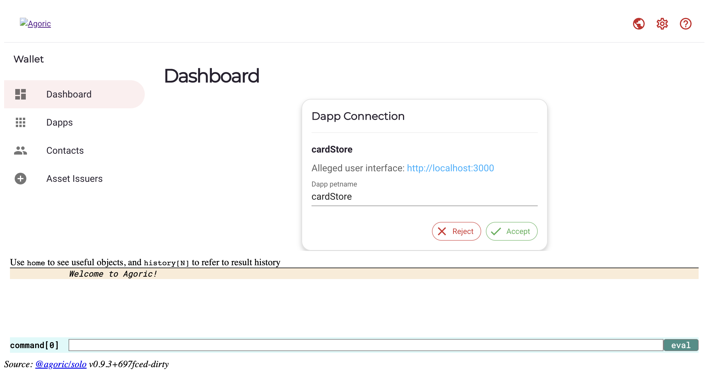 agoric wallet - Dapp approval prompt